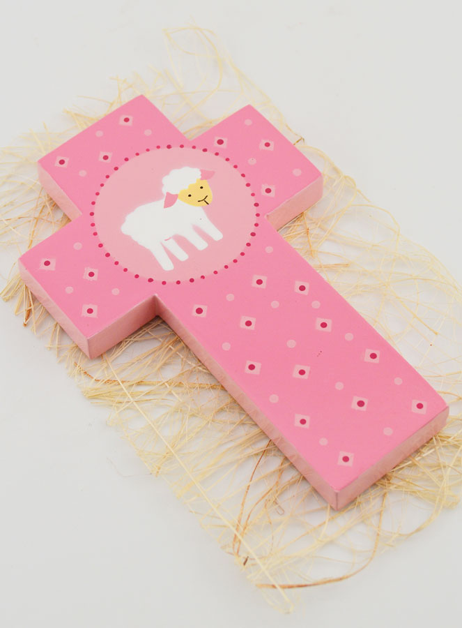 Croce Bambina in Legno Pecorella Rosa - 12cm (pic 3)