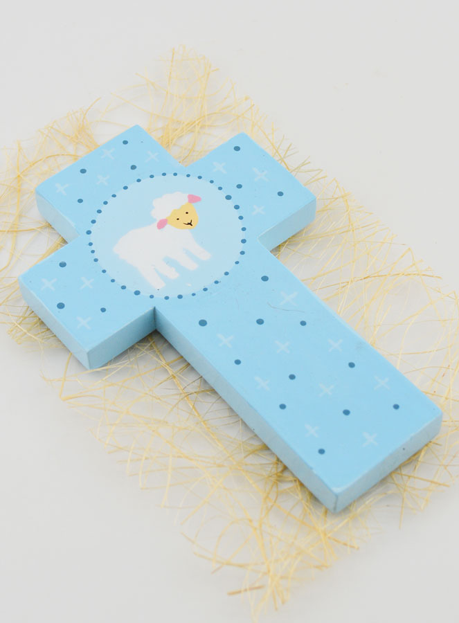 Croce Bambina in Legno Pecorella Blu - 12cm (pic 3)