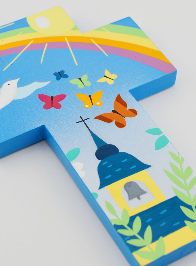 Croce in Legno per Bambini Chiesa Farfalle e Arcobaleno 15cm (pic 3)