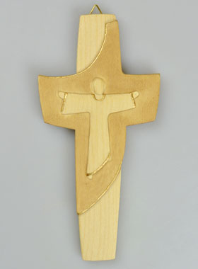Crocifisso Moderno in Legno Artigianale - Cristo Scolpito e Dorato Oro - 15cm (pic 1)