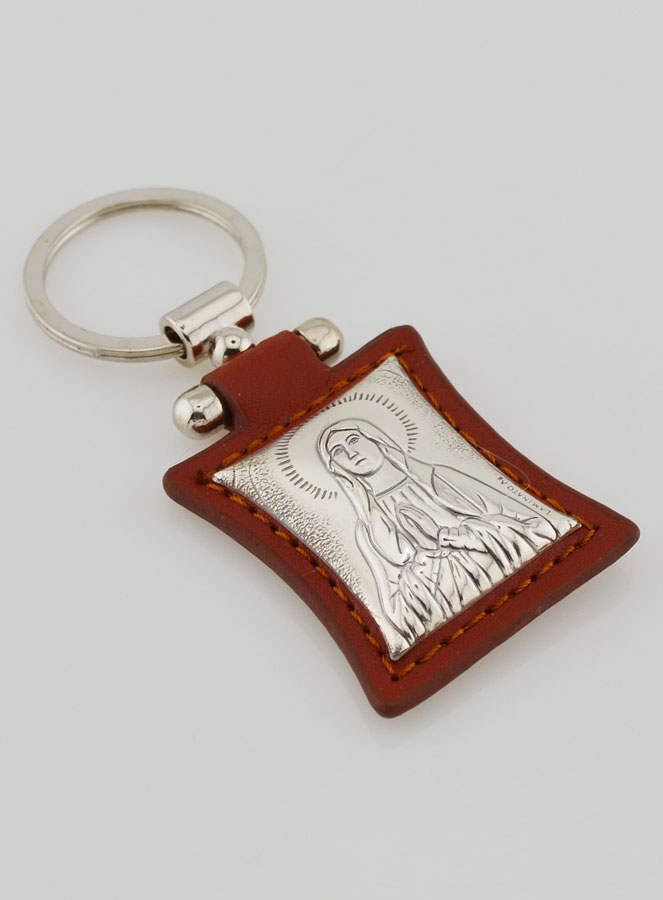Portachiavi  Santo di Nostra Signora di in Cuoio Marrone e Medaglia Argento (pic 3)