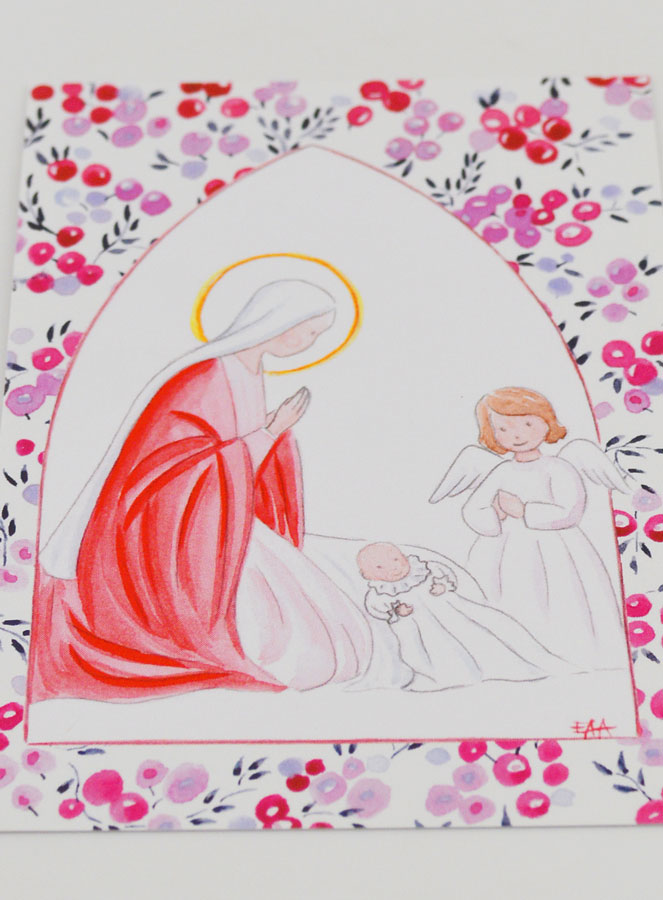 Cartolina di Battesimo - Vergine Maria e Angelo Custode - Ciliegie Fucsia (pic 2)