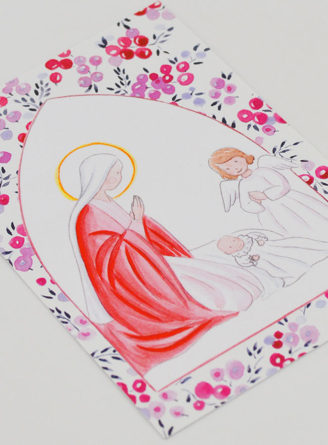 Cartolina di Battesimo - Vergine Maria e Angelo Custode - Ciliegie Fucsia (pic 3)
