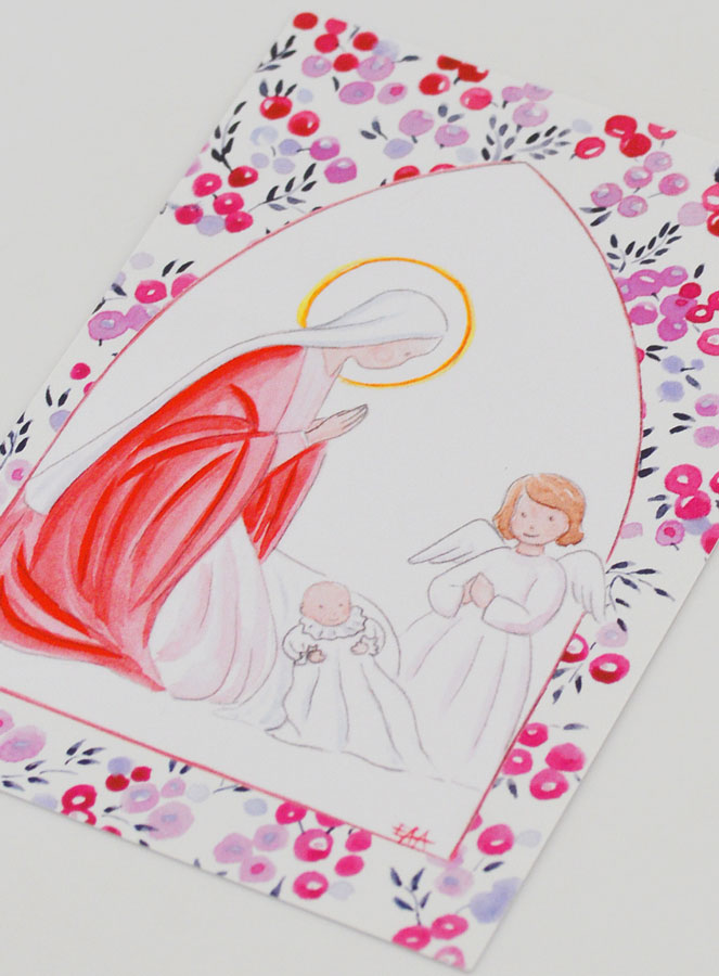 Cartolina di Battesimo - Vergine Maria e Angelo Custode - Ciliegie Fucsia (pic 4)