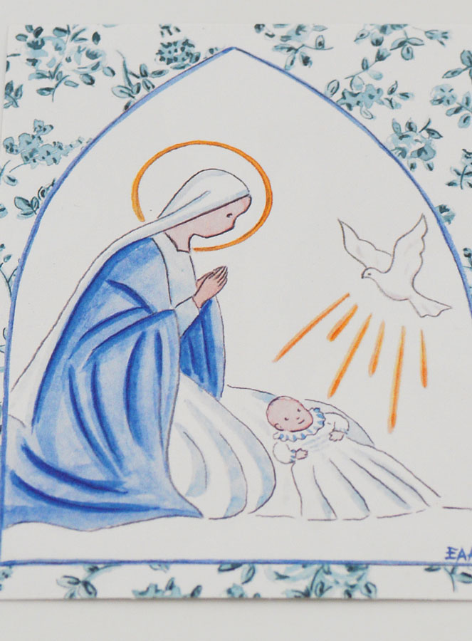 Cartolina di Battesimo - Vergine Maria e Colomba dello Spirito Santo - Cornice Fiori Blu (pic 2)