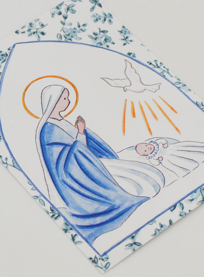 Cartolina di Battesimo - Vergine Maria e Colomba dello Spirito Santo - Cornice Fiori Blu (pic 3)