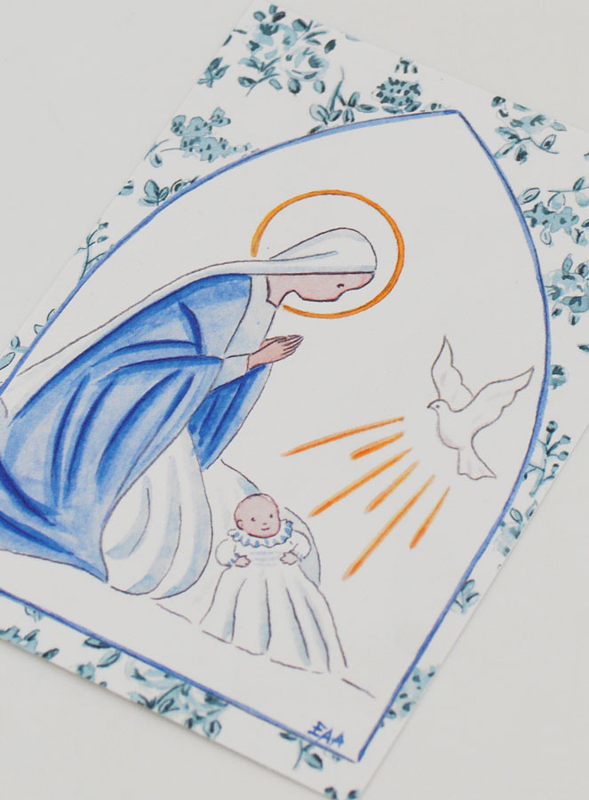 Cartolina di Battesimo - Vergine Maria e Colomba dello Spirito Santo - Cornice Fiori Blu (pic 4)