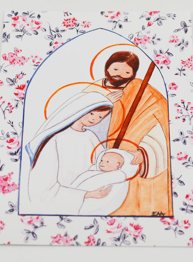 Cartolina di Battesimo - Sacra Famiglia - Fiori Rosa (pic 2)