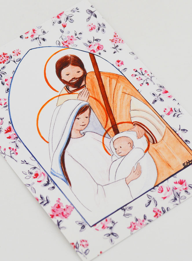 Cartolina di Battesimo - Sacra Famiglia - Fiori Rosa (pic 3)