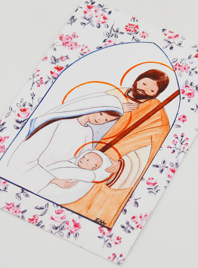 Cartolina di Battesimo - Sacra Famiglia - Fiori Rosa (pic 4)