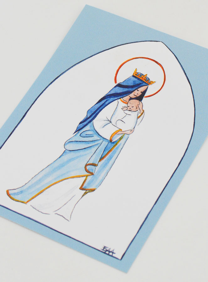 Cartolina di Battesimo - Vergine Incoronata con Bambino Gesù - Azzurro (pic 4)