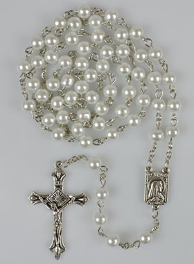 Nazareth Store Perle Di Perle Blu Rosario Collana Di Perline Di Fiori Bianchi Medaglia Di Lourdes E Croce Crocifisso