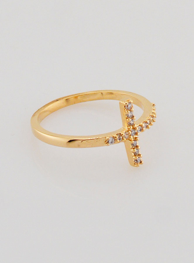 Anello Croce e Diamanti Strass - Placcato Oro - Misura 58 (pic 3)