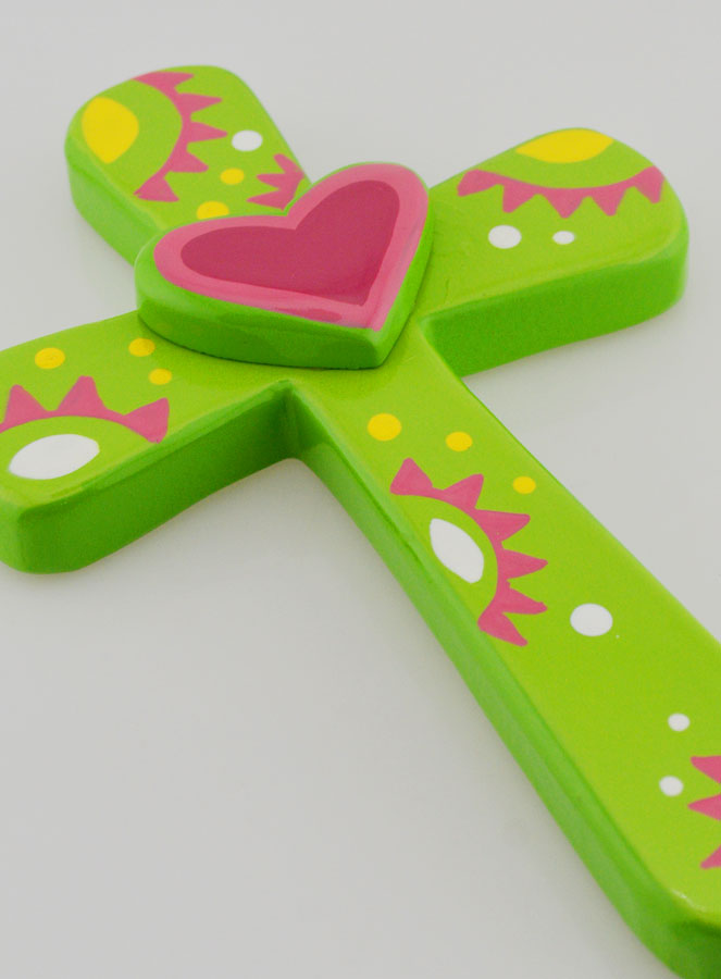 Croce Bambino Verde e Cuore Rosa - 15cm (pic 3)