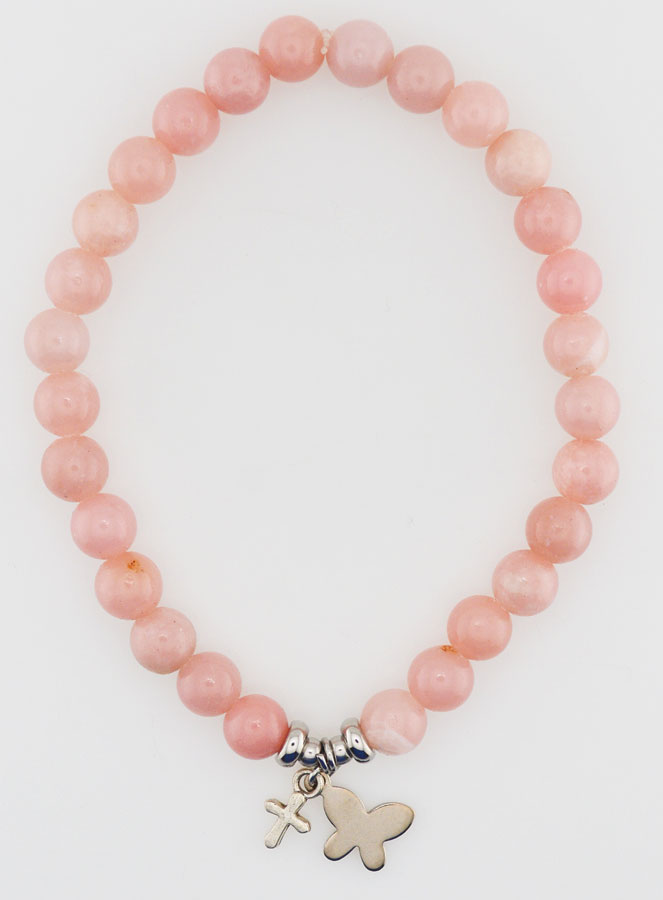 Bracciale in Pietre Naturali Opali Rosa 6mm - Farfalla e Croce (pic 1)