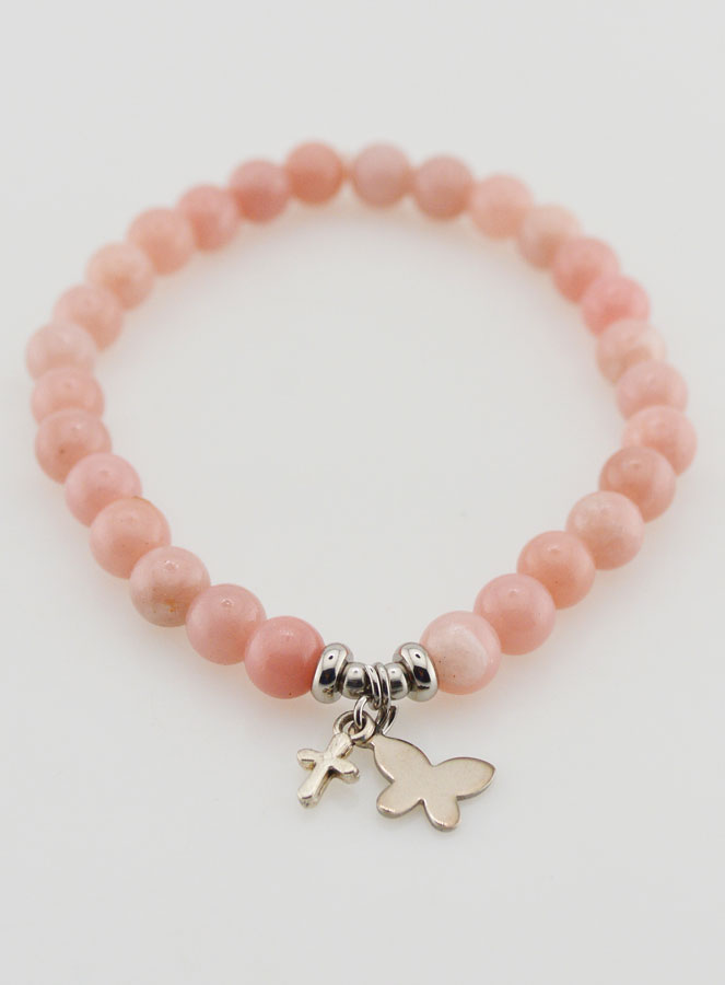 Bracciale in Pietre Naturali Opali Rosa 6mm - Farfalla e Croce (pic 2)