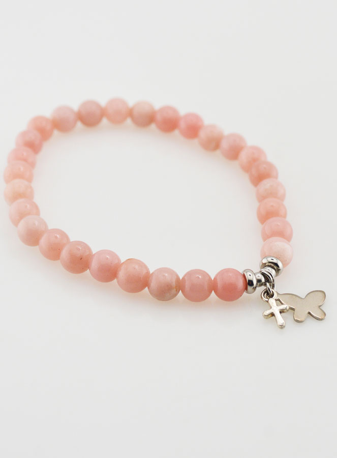 Bracciale in Pietre Naturali Opali Rosa 6mm - Farfalla e Croce (pic 3)