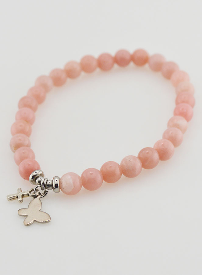 Bracciale in Pietre Naturali Opali Rosa 6mm - Farfalla e Croce (pic 4)