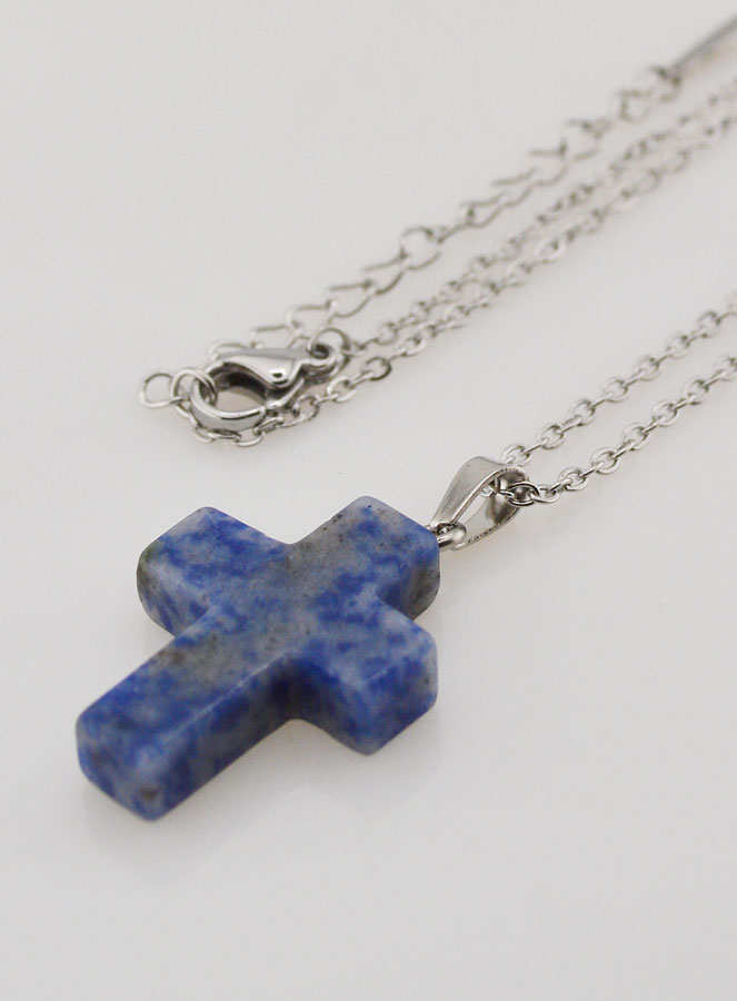 Collana Religiosa Catena in Inox & Croce di Diaspro Blu (pic 3)