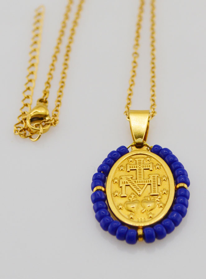 Medaglia Miracolosa + Catena - Perline Blu Scuro (pic 4)