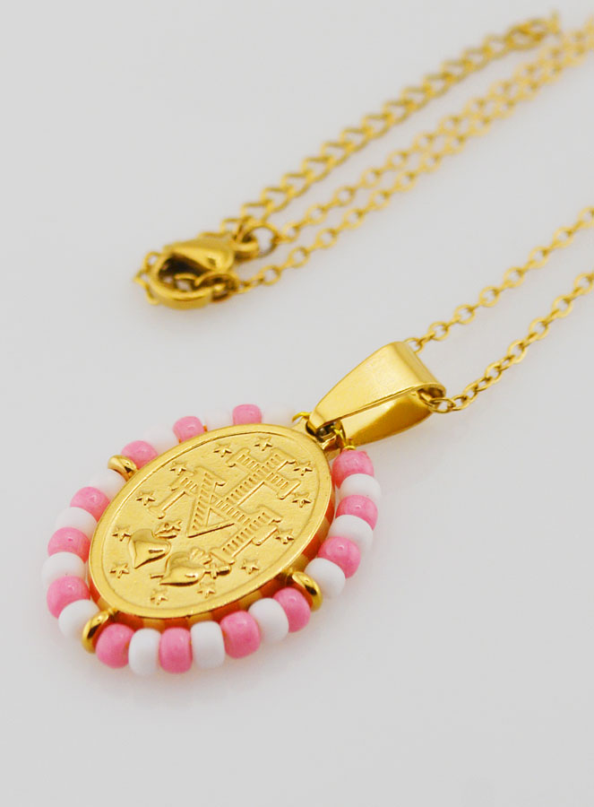 Medaglia Miracolosa + Catena - Perline Banche & Rosa (pic 2)