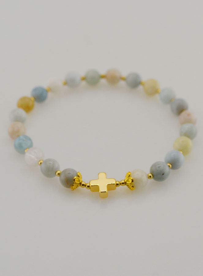 Bracciale in Pietra di Acquamarina & Croce – 6mm (pic 2)
