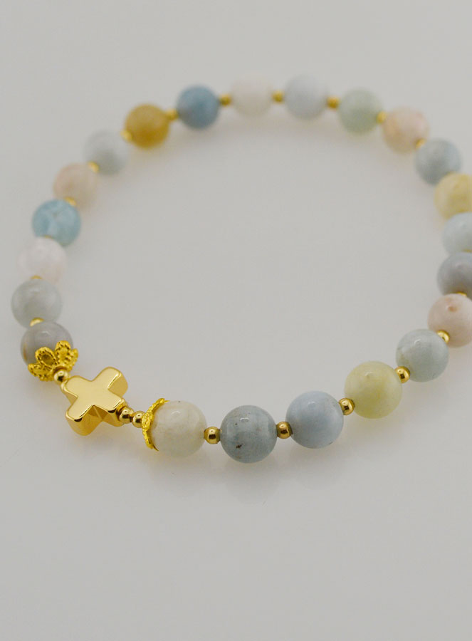 Bracciale in Pietra di Acquamarina & Croce – 6mm (pic 4)