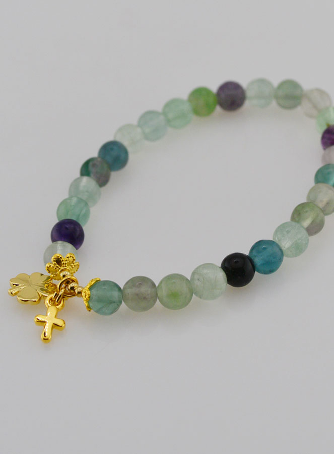 Bracciale in Fluorite 6mm - Quadrifoglio & Croce (pic 4)