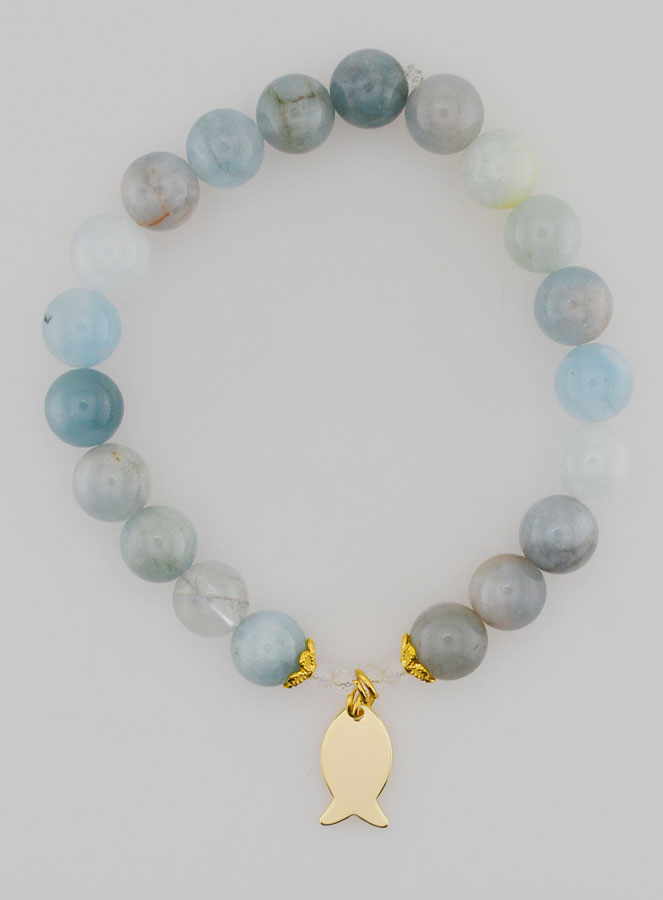 Bracciale in Acquamarina 8mm & Ichthus Dorato (pic 1)