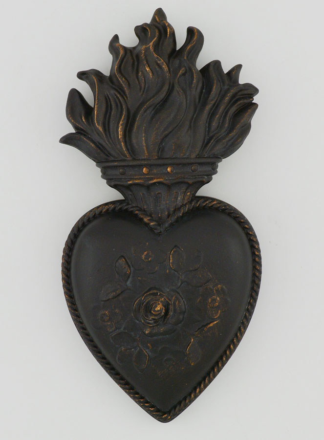 Ex Voto Murale Cuore Fiorito Nero & Bronzo - 13 cm (pic 1)