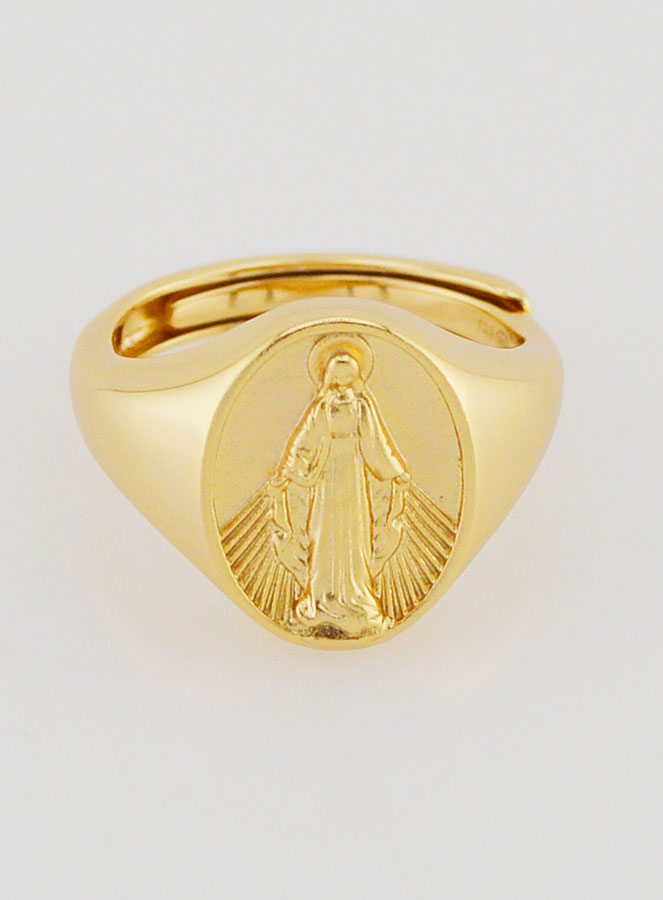 Anello Chevalière Madonna Miracolosa in Argento Dorato Taglia 6-12 (pic 1)