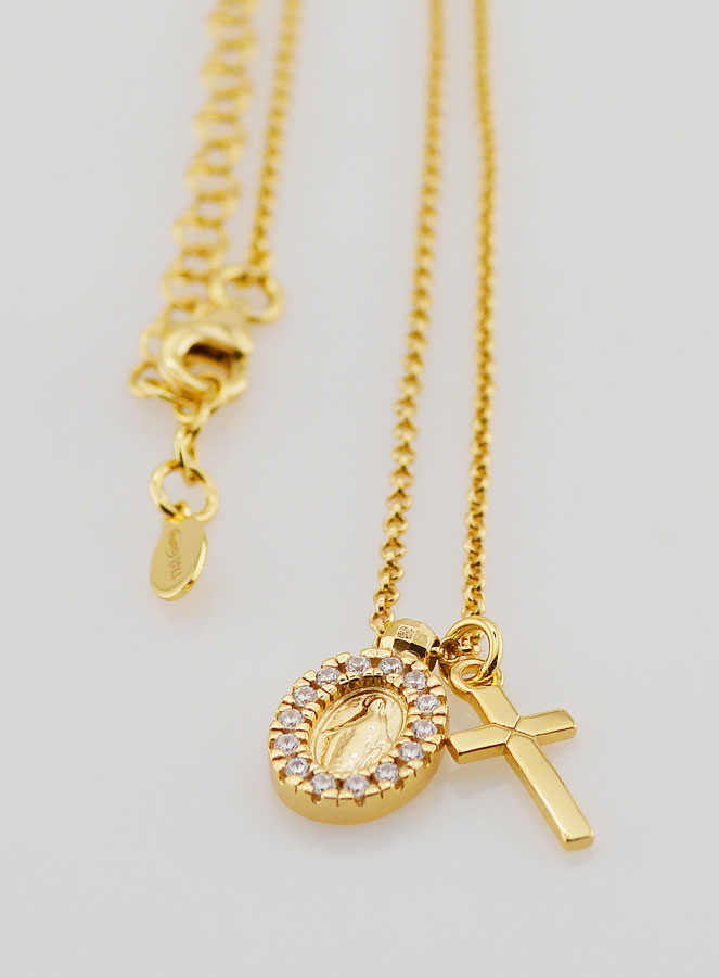 Collana Medaglia Miracolosa & Croce - Argento Dorato & Zirconi (pic 3)