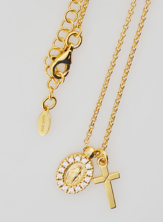 Collana Medaglia Miracolosa & Croce - Argento Dorato & Zirconi (pic 4)