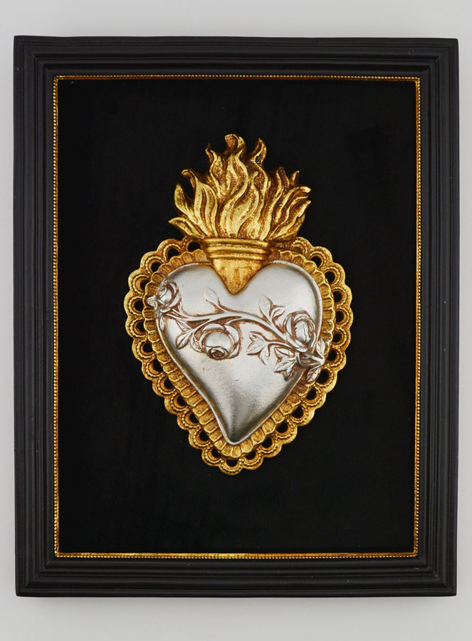 Ex Voto Murale Oro & Argento su Velluto - Cuore Fiorito 18 cm (pic 1)