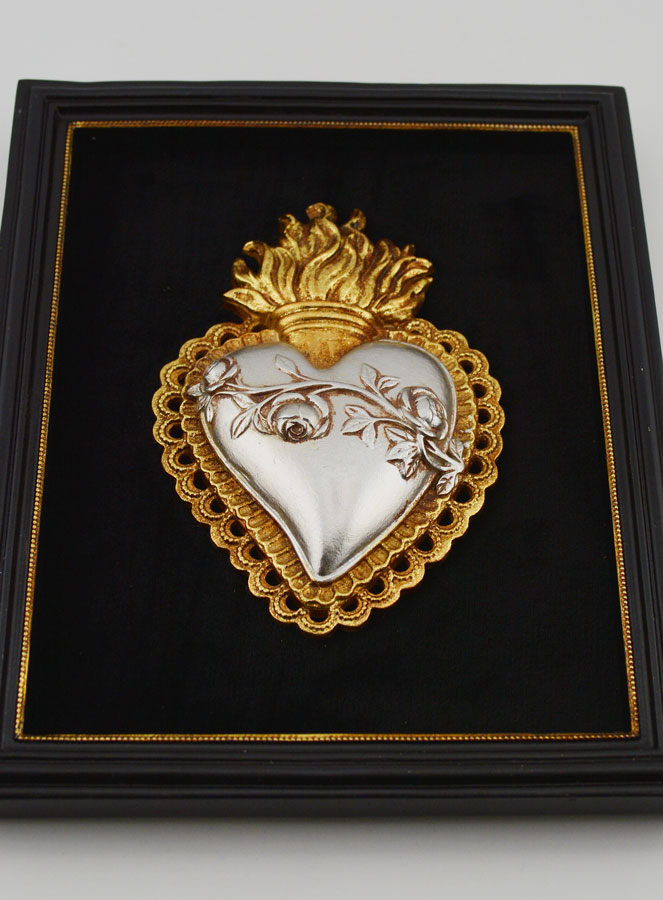 Ex Voto Murale Oro & Argento su Velluto - Cuore Fiorito 18 cm (pic 2)