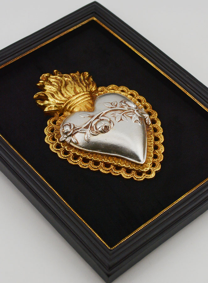 Ex Voto Murale Oro & Argento su Velluto - Cuore Fiorito 18 cm (pic 3)