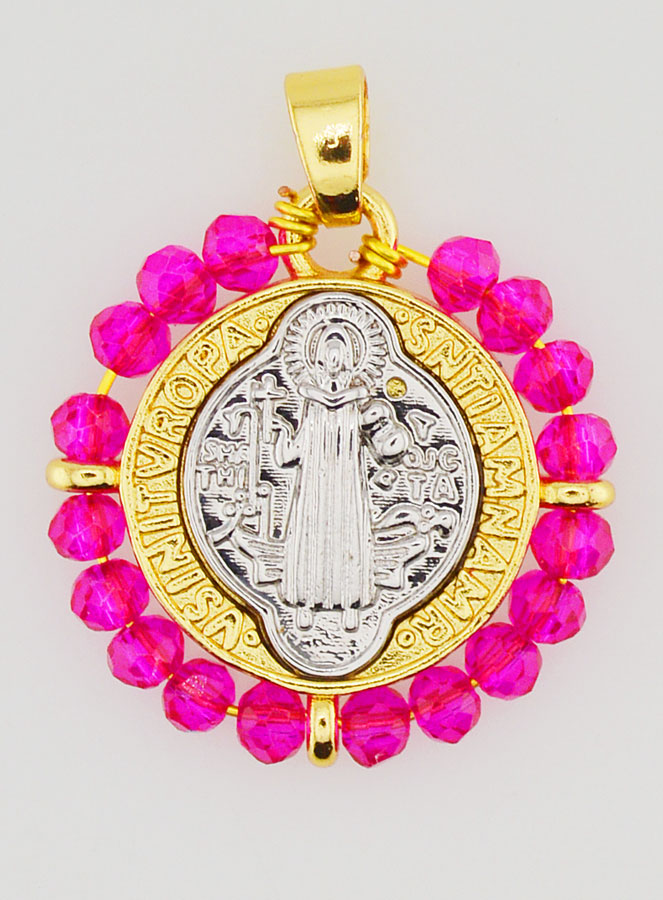 Medaglia di San Benedetto in Ottone & Vetro Fuchsia (pic 1)