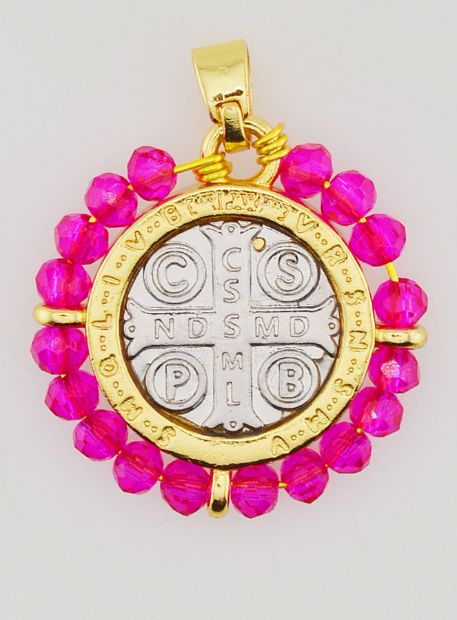 Medaglia di San Benedetto in Ottone & Vetro Fuchsia (pic 2)