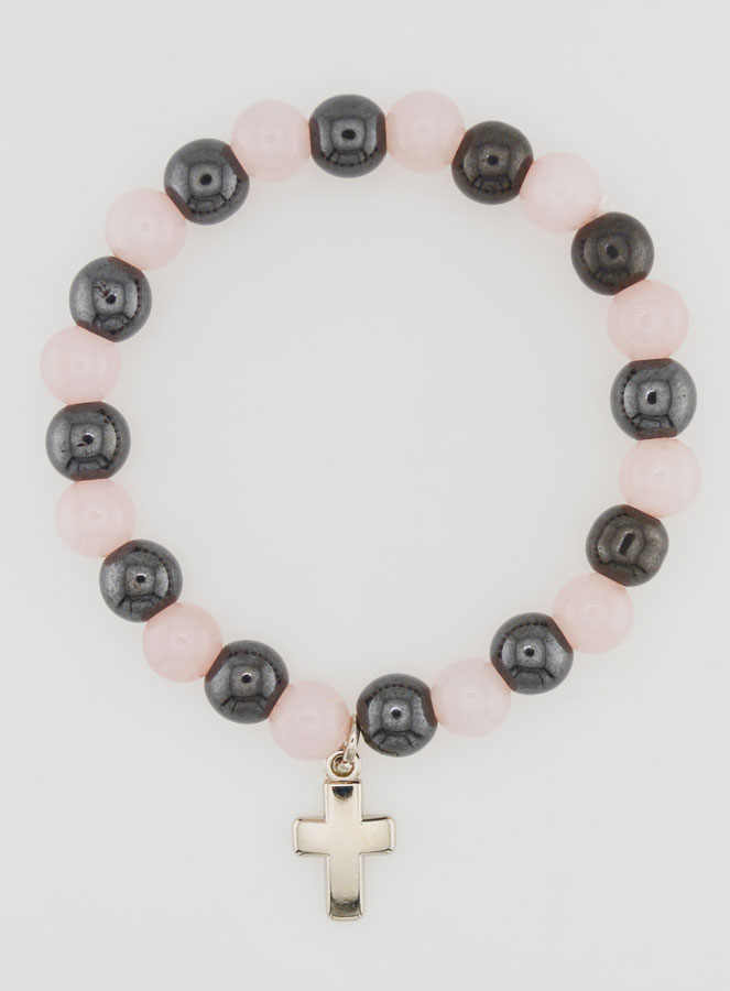 Bracciale con Croce - Quarzo Rosa e Ematite 8mm (pic 1)