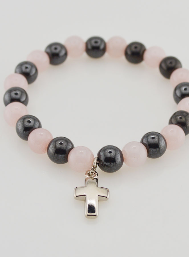 Bracciale con Croce - Quarzo Rosa e Ematite 8mm (pic 2)