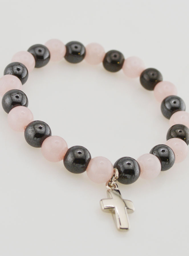 Bracciale con Croce - Quarzo Rosa e Ematite 8mm (pic 3)