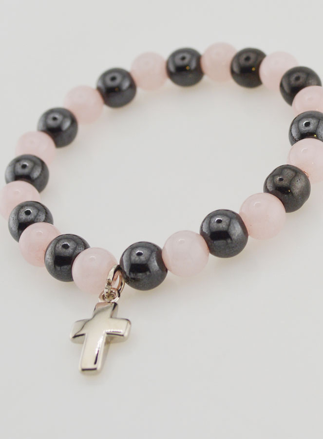 Bracciale con Croce - Quarzo Rosa e Ematite 8mm (pic 4)