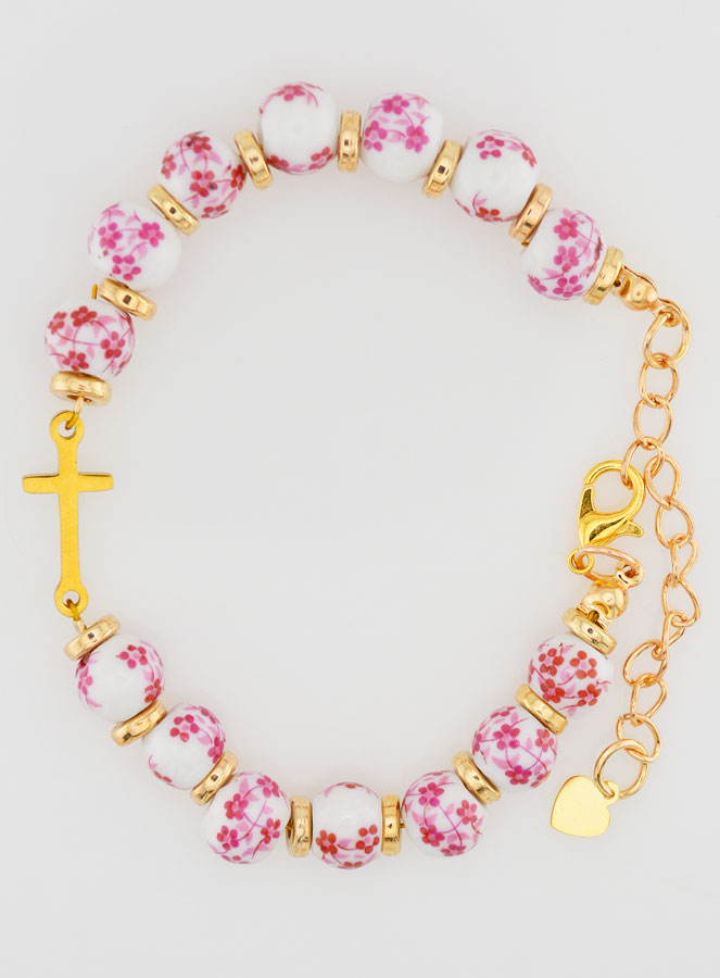 Bracciale con Croce & Grani in Ceramica - Rosa (pic 1)