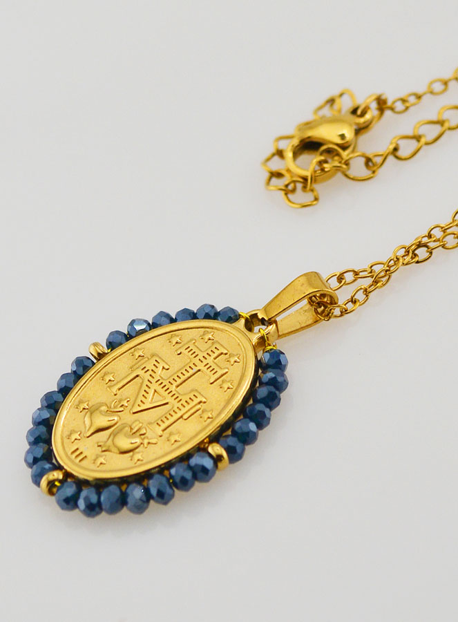 Medaglia Miracolosa Perline Sfaccettate + Catena - Blu (pic 3)