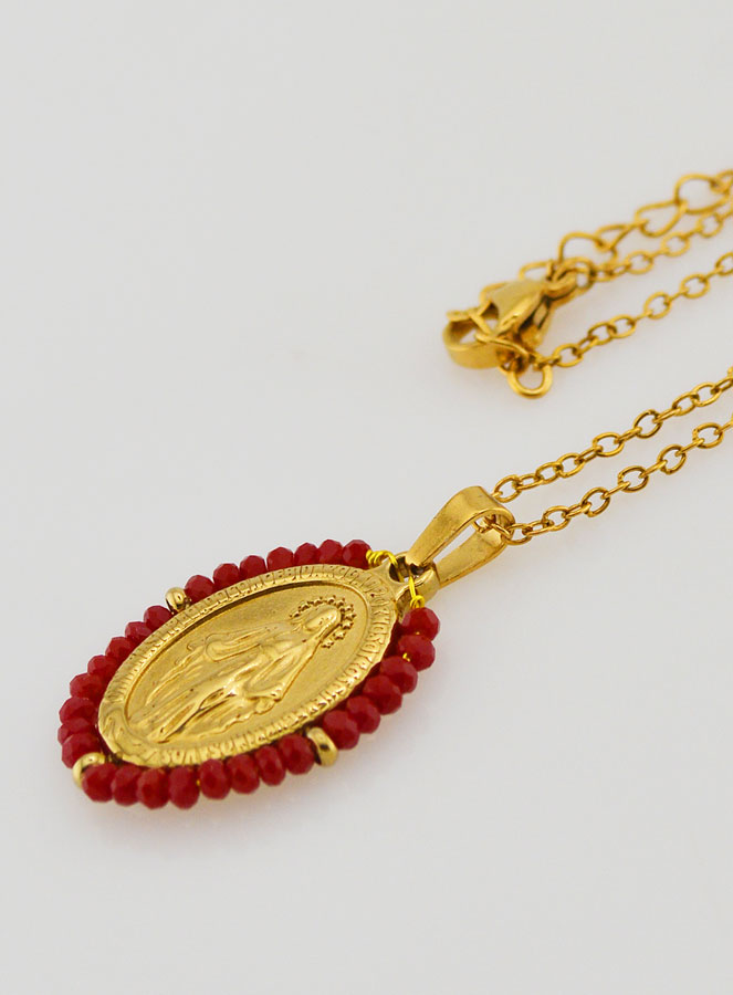 Medaglia Miracolosa Perline Sfaccettate + Catena - Rosso (pic 2)