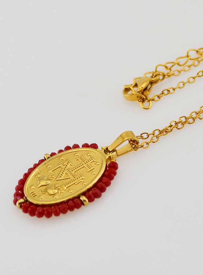 Medaglia Miracolosa Perline Sfaccettate + Catena - Rosso (pic 3)