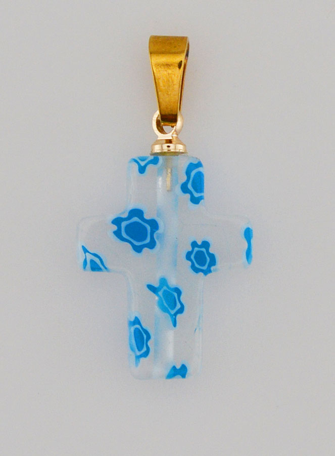 Ciondolo Croce Artigianale in Vetro - Bianco & Blu (pic 1)