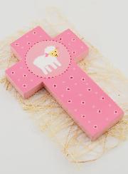 Croce Bambina in Legno Pecorella Rosa - 12cm