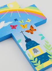 Croce in Legno per Bambini Chiesa Farfalle e Arcobaleno 15cm