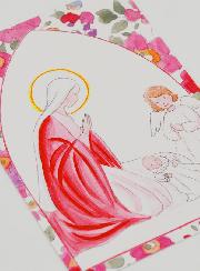 Cartolina di Battesimo - Vergine Maria e Angelo Custode - Fiori Rosa